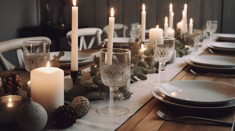 A minimalist winter table with soft grays, natural wood, and eucalyptus sprigs for a cozy feel.