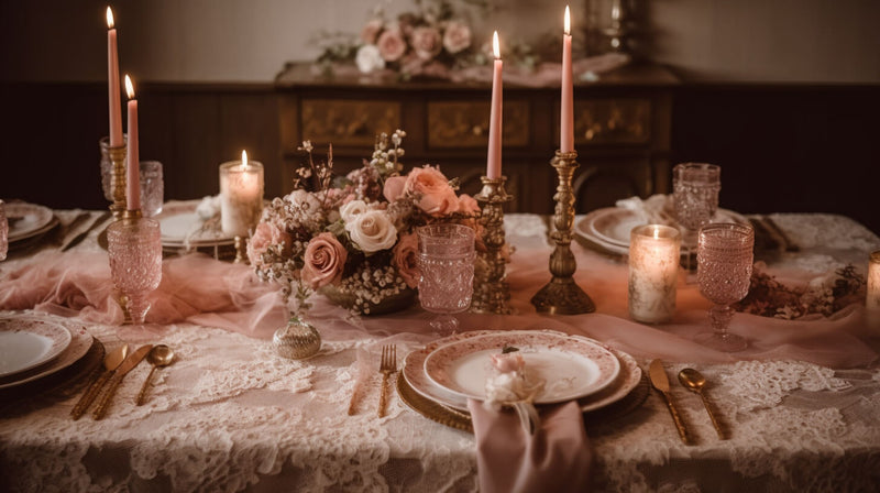 A romantic vintage-inspired tablescape with lace, blush tones, and glowing candles.