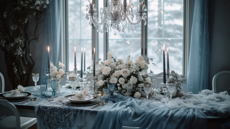 An elegant winter table with icy blue tones, silver accents, and frosted floral centerpieces.