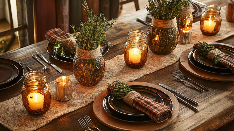 Rustic winter tablescape ideas with plaid accents, mason jars, and rosemary sprigs for charm.