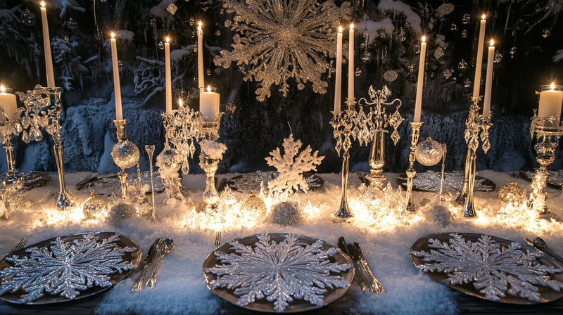 A whimsical all-white tablescape with snowflakes, silver decor, and sparkling lights.