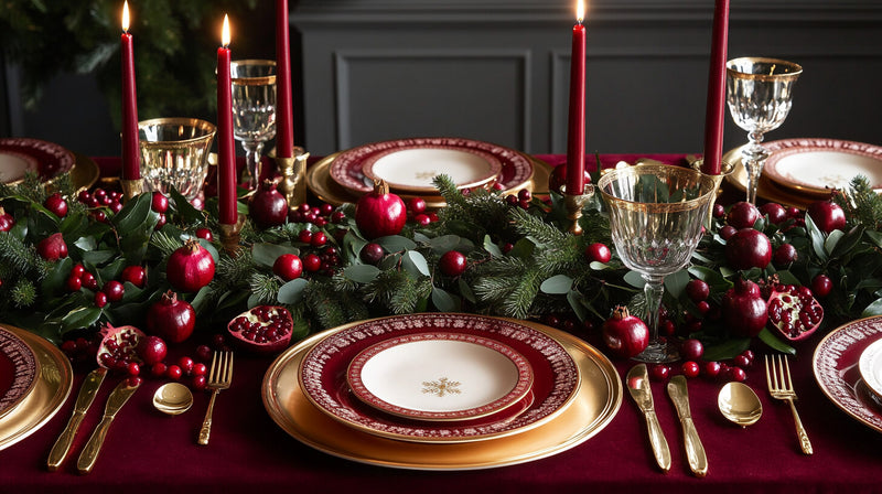 Festive winter tablescape ideas with cranberry tones, gold accents, and rich greenery for elegance.