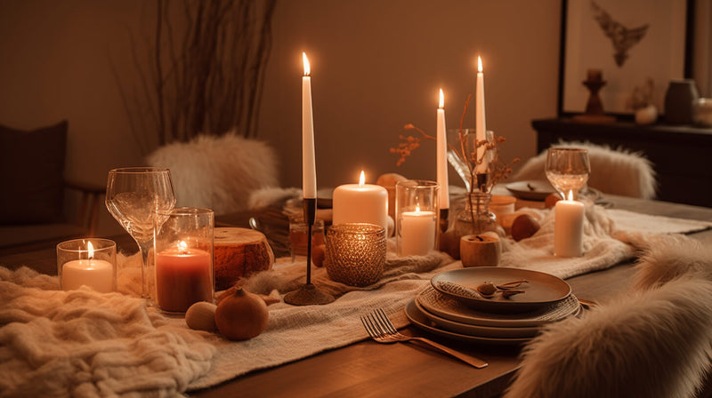 A cozy winter table with neutral linens, fur accents, and glowing candles for warmth.