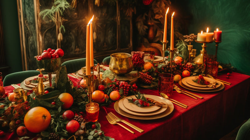 A vibrant table featuring deep green, red accents, and a garland centerpiece with berries.