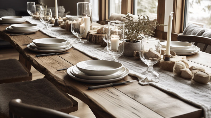 Rustic yet elegant winter tablescape ideas with wooden accents, greenery, and soft candlelight.