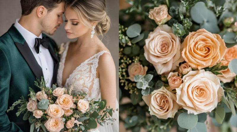 winter wedding colors- hunter green and peach