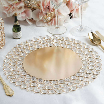 Wired Metal Round Charger Plate 14" in Gold with Acrylic Crystal Beads, Glamorous Decorative Dinner Charger Tableware