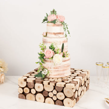 Wooden Cake Stand 14"x14" Square Design Rustic Natural Slices - Farmhouse Display Box Pedestal Riser