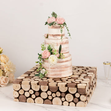 Wooden Cake Stand 18"x18" Square Design Rustic Natural Slices - Farmhouse Display Box Pedestal Riser