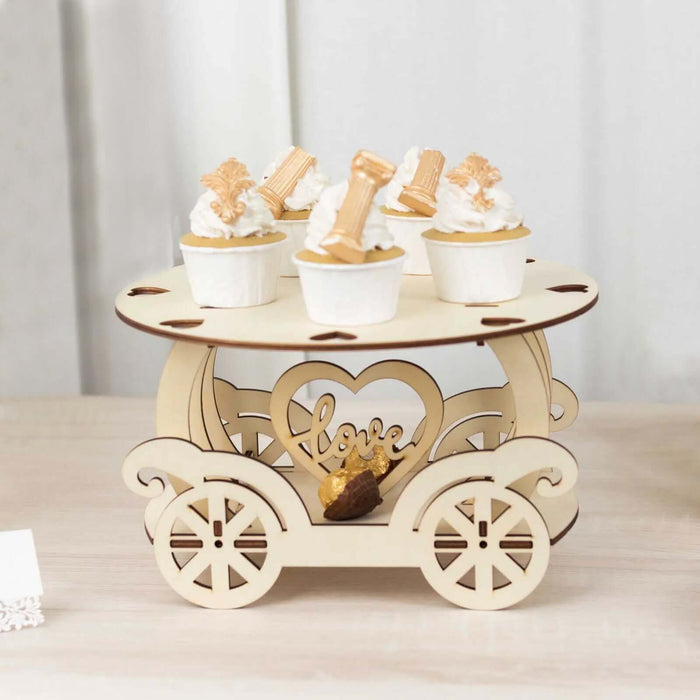 12inch Natural Wooden Carriage Cupcake Holder with Round Display Plate, Laser Cut Wedding Cake Stand