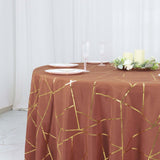 Terracotta (Rust) Seamless Round Polyester Tablecloth With Gold Foil Geometric Pattern - 120inch