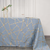 90inch x 132inch Dusty Blue Rectangle Polyester Tablecloth With Gold Foil Geometric Pattern