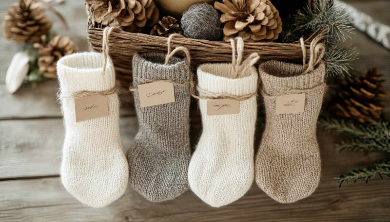 Cozy lounge socks in festive winter designs, arranged neatly as wedding favors, available in men’s and women’s sizes. Perfect for keeping guests warm, the socks are tied with ribbons and displayed on plates or in welcome bags, adding a thoughtful and practical touch to a winter wedding