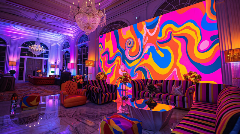 A chic event space featuring psychedelic wall art and creative 70s theme party decorations ideas.