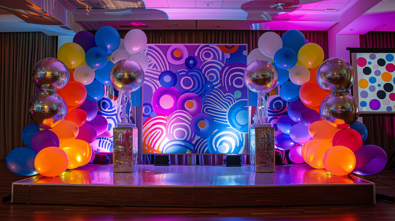 A party setup with glittering disco balls and balloon arrangements.