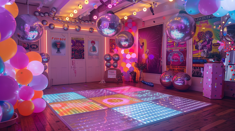 Disco dance floor with illuminated tiles and mirror balls