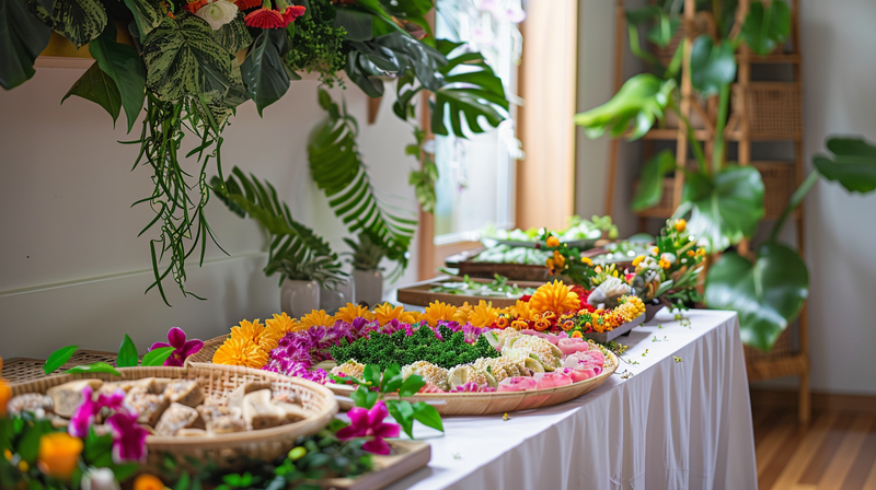 A vibrant display of colorful flowers and greenery with 70s party decorations.