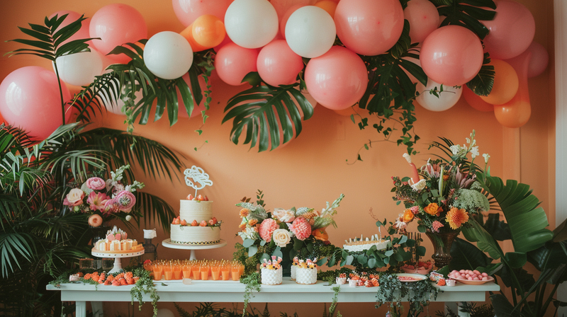 A beautifully decorated dessert table with balloons and tropical plant.