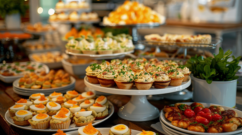 An array of retro-themed finger foods and appetizers for a 70s theme party.