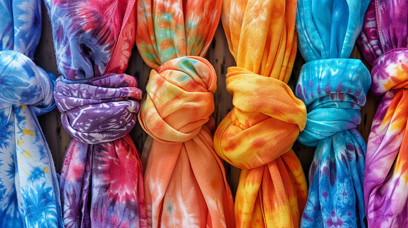 A vibrant assortment of tie-dye bandanas, perfect as party favors.