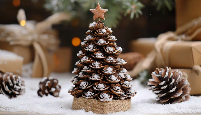 A charming DIY pinecone Christmas tree for a winter wedding, made of small pinecones arranged in a cone shape and decorated with mini ornaments and a glittery snowy effect. Finished with a rustic burlap ribbon and a small star topper, creating a cozy and festive atmosphere.