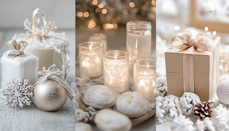 Winter wedding favors including personalized snowflake ornaments, hot cocoa kits, and frosted glass designs, set in a cozy, snowy atmosphere with elegant and budget-friendly packaging.