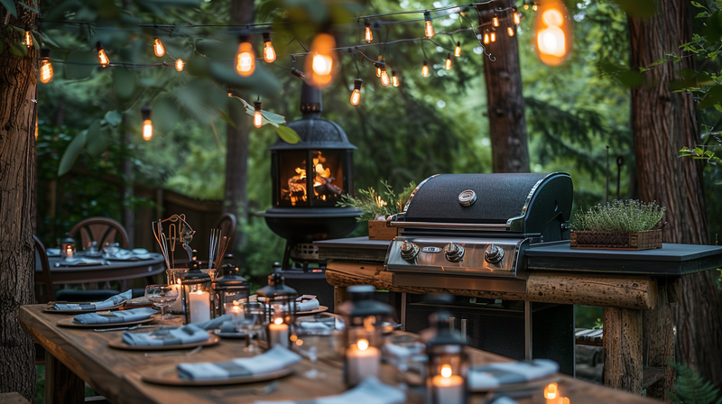 An evening BBQ setup with a grill, string lights, and a table set for dinner, perfect for cozy Father's Day party ideas.
