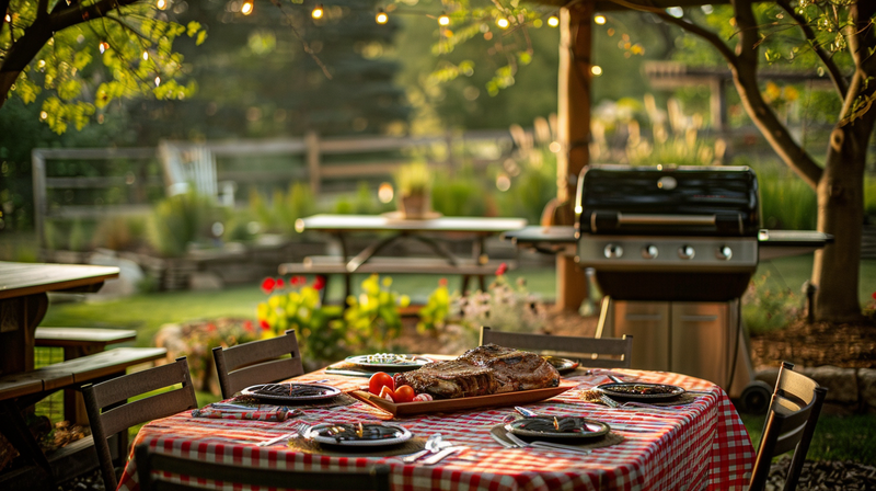A backyard setting with a BBQ grill and a table set with food, perfect for casual and fun Father's Day party ideas.
