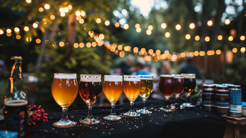 A table with various glasses of beer and lights in the background, presenting unique Father's Day party ideas for beer enthusiasts.