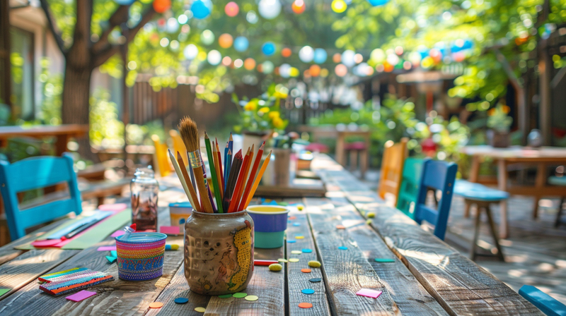 Outdoor DIY craft party setup with art supplies and decorations, great for creative Father's Day party ideas.