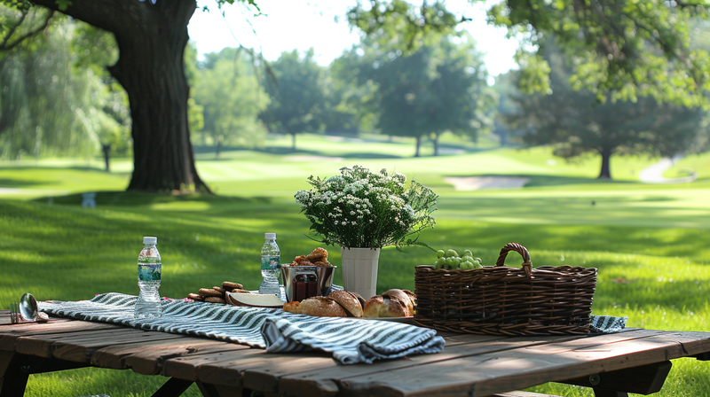 A picnic setup in a park with food, water bottles, and flowers on a wooden table, perfect for Father's Day party ideas.