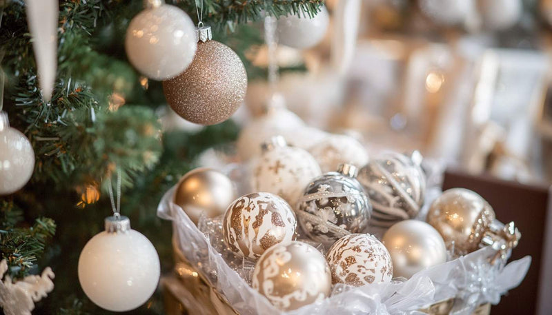 Holiday-themed wedding ornaments, such as snow globes and reindeer, packaged in elegant favor boxes with crinkled paper filler, with some ornaments hanging on a small decorative tree for a festive touch