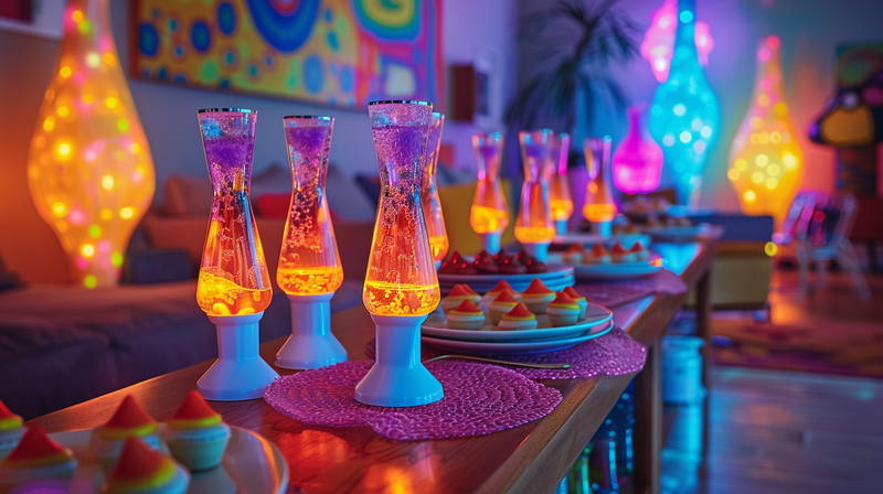 A table adorned with glowing mini lava lamps and vibrant 70s theme party decorations.