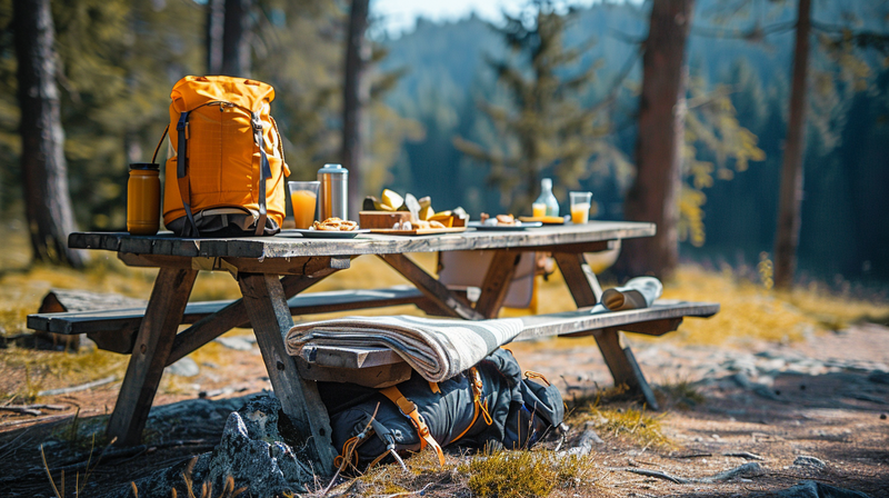 A picnic table with backpacks and food, ideal for Father's Day party ideas on a hiking adventure.