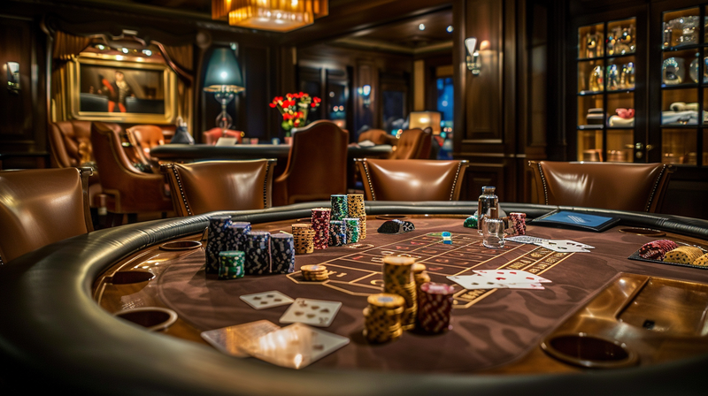 A poker table set with chips and cards in a luxurious setting, offering classic Father's Day party ideas.