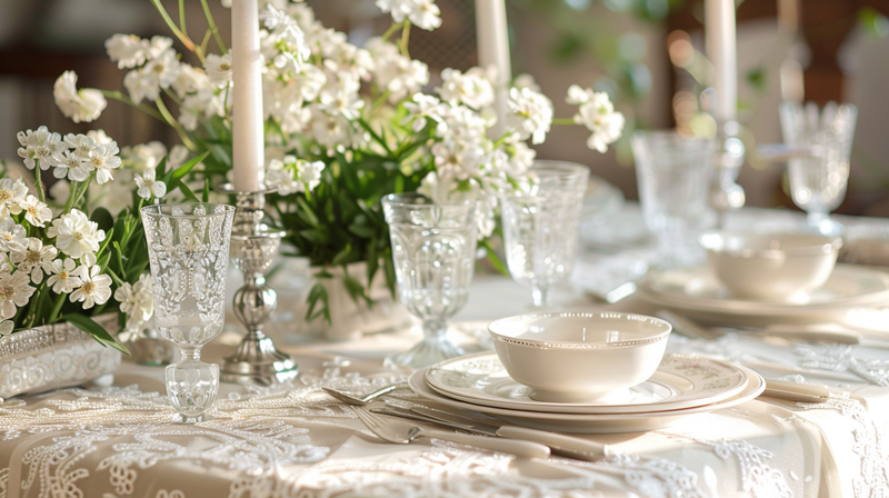 White lace table setting with flowers and crystal glasses