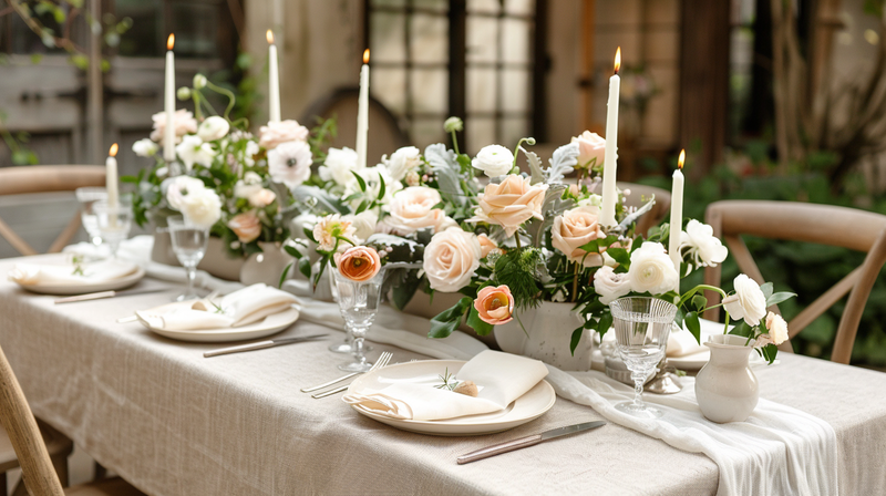 White table setting with candles and floral centerpiece
