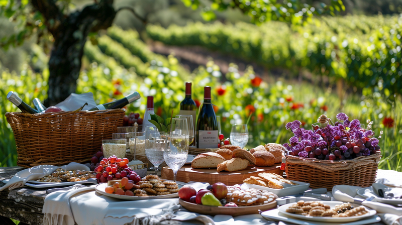 A picnic setup with wine, bread, and fruits in a vineyard, offering elegant Father's Day party ideas in nature.