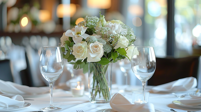 White table setting with gold accents and floral centerpiece