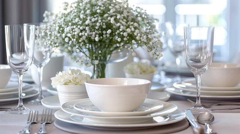 White table setting with baby's breath and glassware