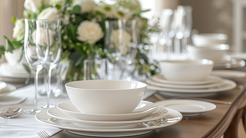 White table setting with rose centerpiece and glassware