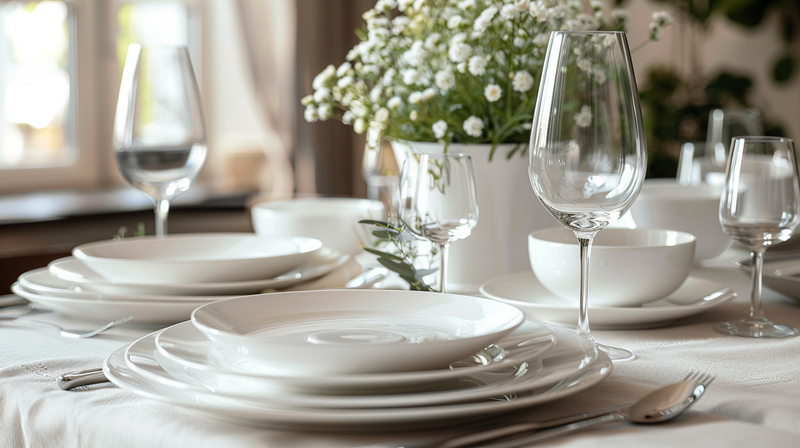 White table setting with bowls, plates, and floral centerpiece