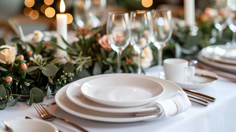 White table setting with candles, glassware, and floral centerpiece
