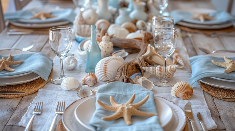White table setting with seashells and blue napkins