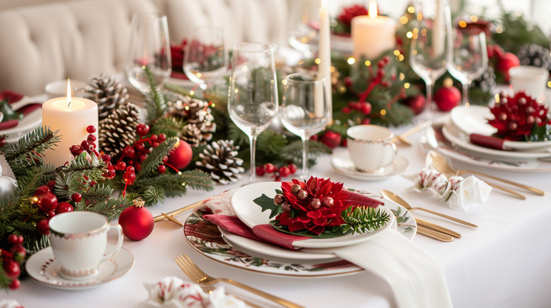 Holiday table setting with red accents and greenery