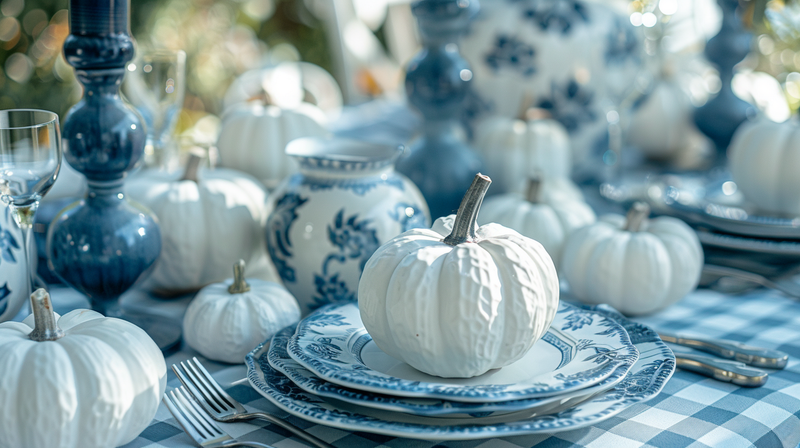 Blue and white autumn tablescape featuring decorative pumpkins and elegant dishware, creating a festive and refined setting.