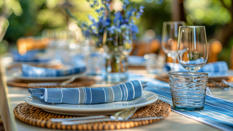 Casual blue and white tablescape with striped napkins and woven placemats, ideal for an outdoor setting.