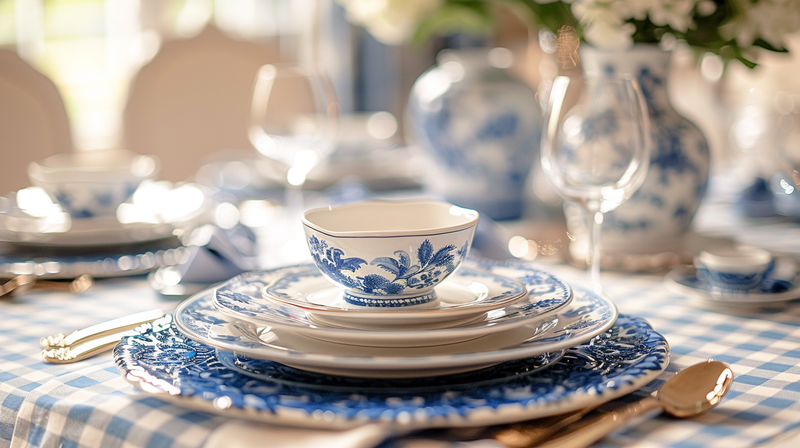 Blue and white tablescape with a close-up of intricate dishware and delicate floral arrangements, perfect for a refined dining experience.