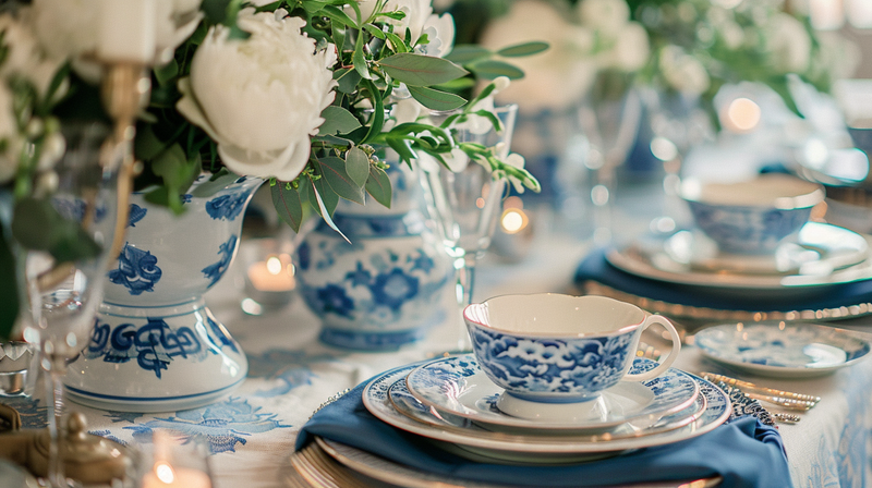 Classic blue and white tablescape adorned with elegant floral arrangements and fine china, ideal for a sophisticated gathering.