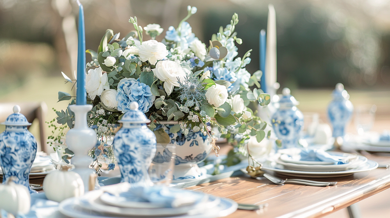 Outdoor blue and white tablescape featuring lush floral arrangements and candles, creating a charming and serene ambiance.